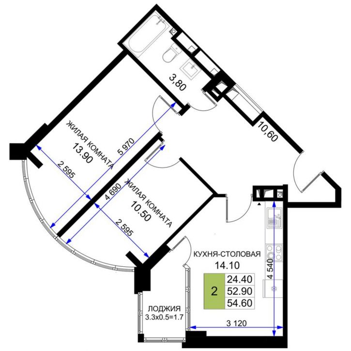 2-комн квартира в новом доме Межсанаторный проезд, д.20 литера 6