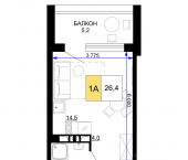 1-комн, 26 кв м, этаж 6/9 ул Дружбы, 11