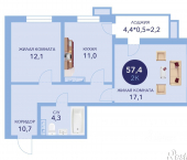 2-комн, 57 кв м, этаж 2/16 улица Ленина, 241к1