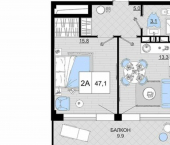 2-комн, 47 кв м, этаж 9/9 гостиничный комплекс Мореград