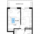 2-комн, 43.99 кв м, этаж 6/9 Симферопольское шоссе, д.100